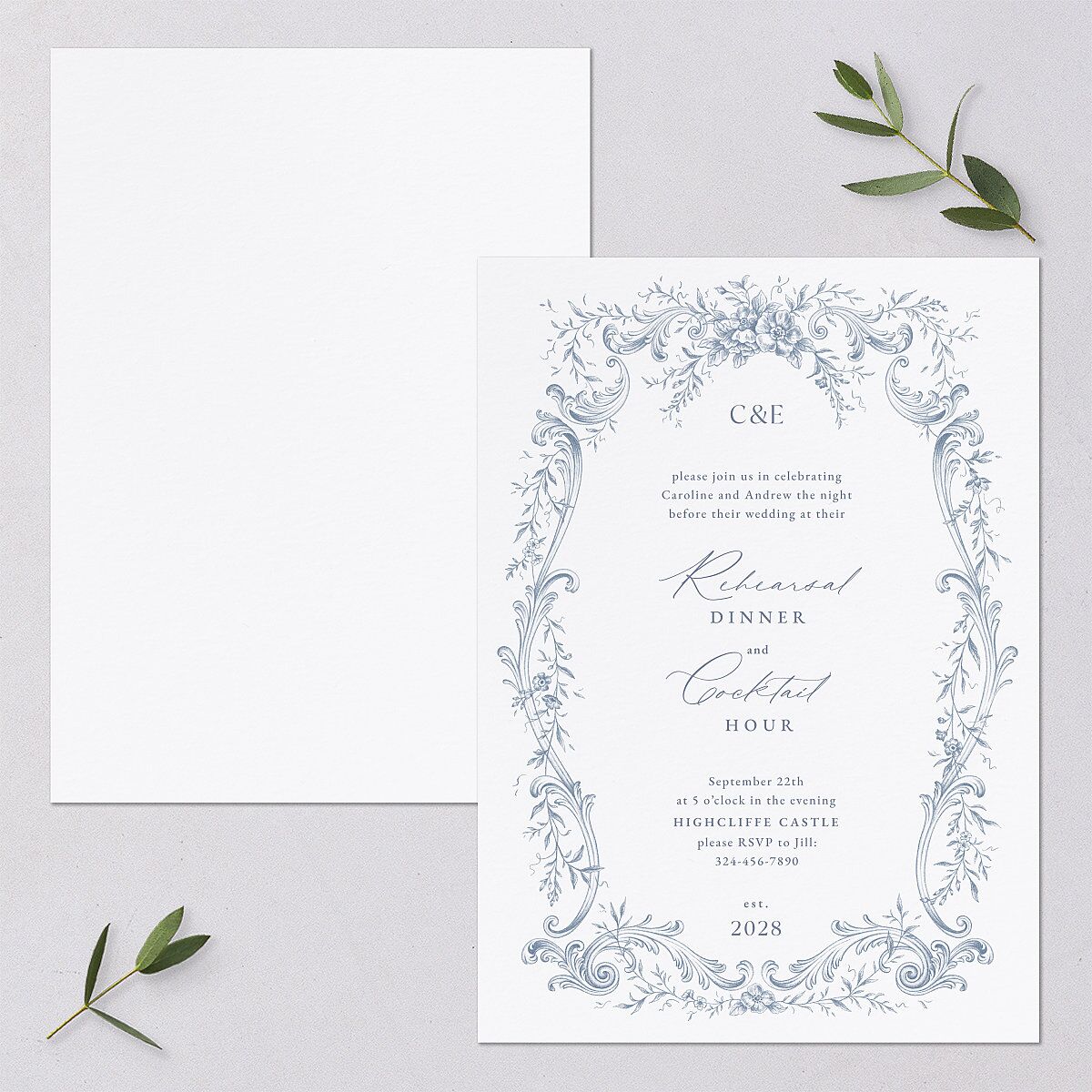 Antique Victorian Botanical Rehearsal Dinner Invitations Dusty Blue Signature Blank Standard