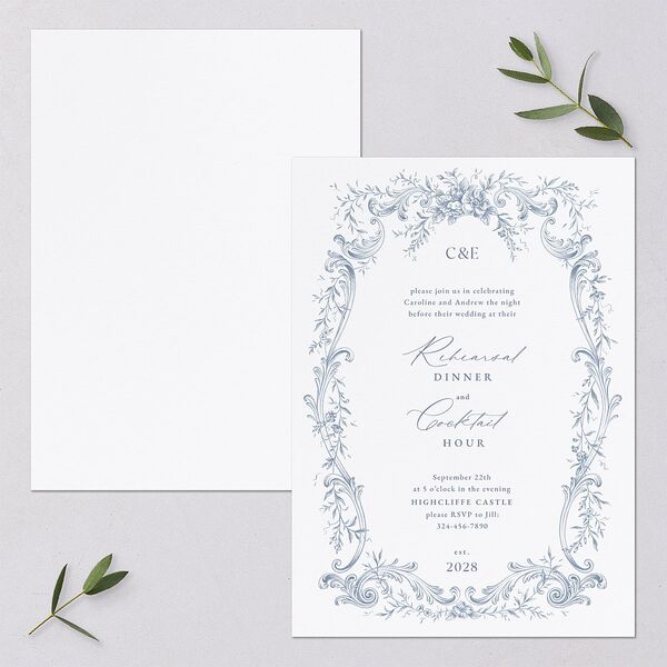 Antique Victorian Botanical Rehearsal Dinner Invitations Dusty Blue Signature Blank Standard