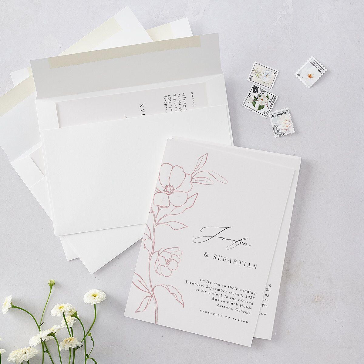 Floral Sketch Wedding Invitations Off-White Signature Blank No