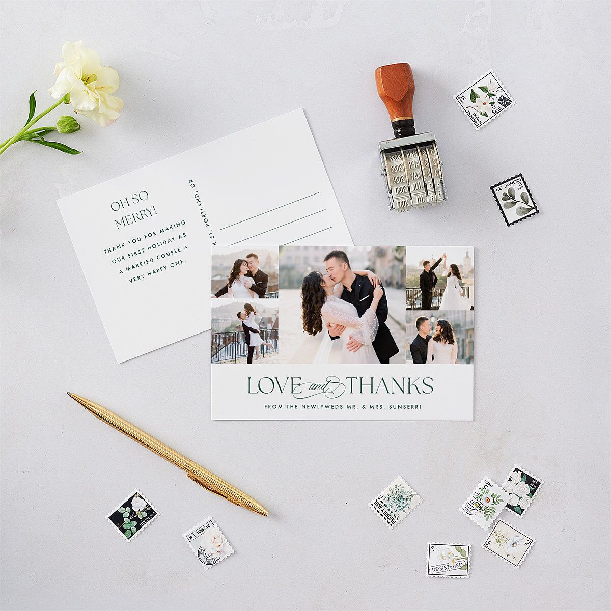 Married and Bright Wedding Gallery Thank You Postcards Emerald