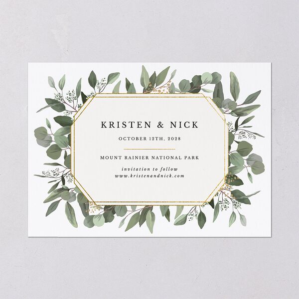 Eucalyptus Frame Save The Date Cards No Foil Pure White Signature smooth Blank No Standard