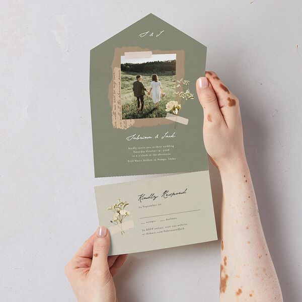 Scrapbook Photo All-in-One Wedding Invitations Thyme Signature Light Both Recipient and Return Addresses No