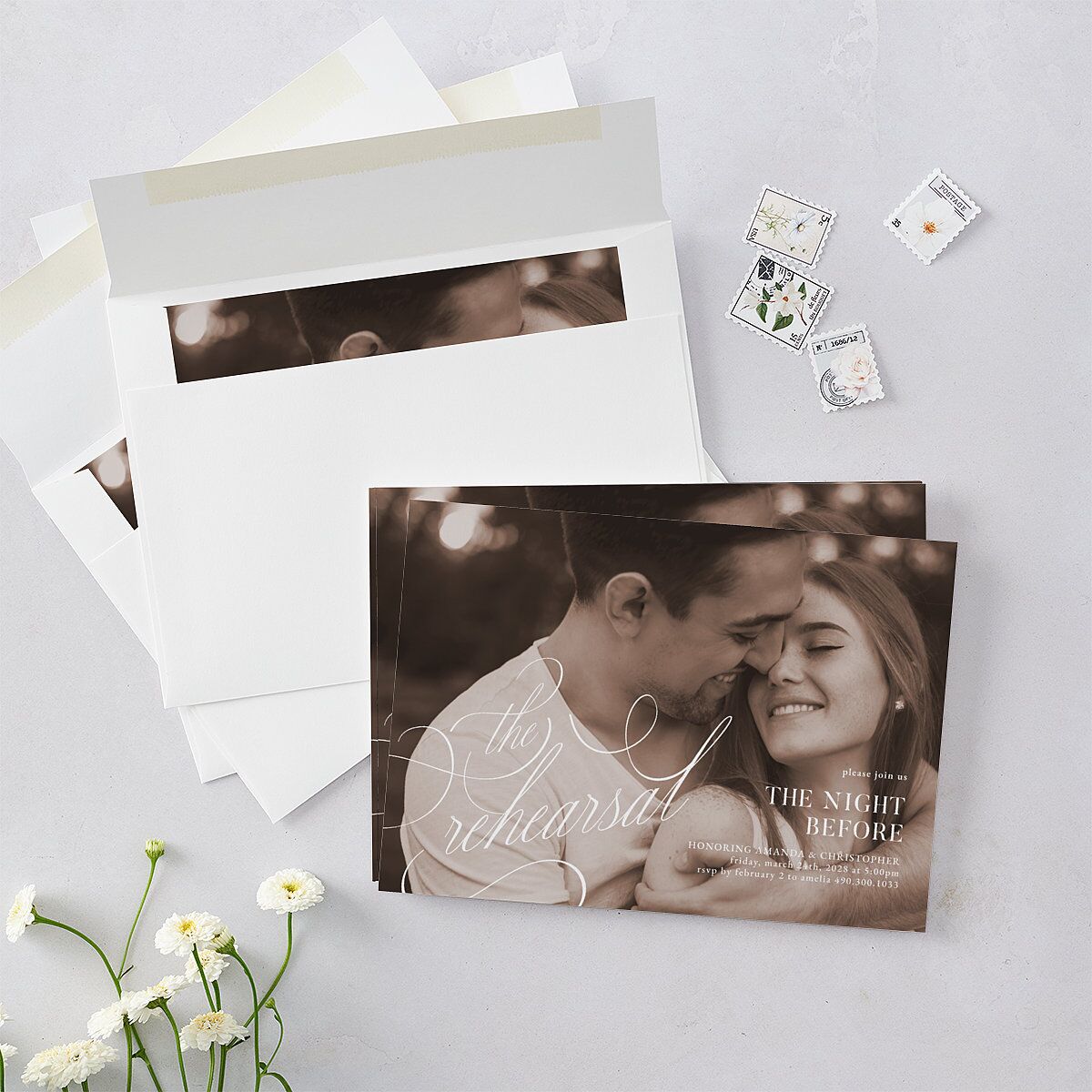 Photo Flourish Rehearsal Dinner Invitations Marigold Signature Blank