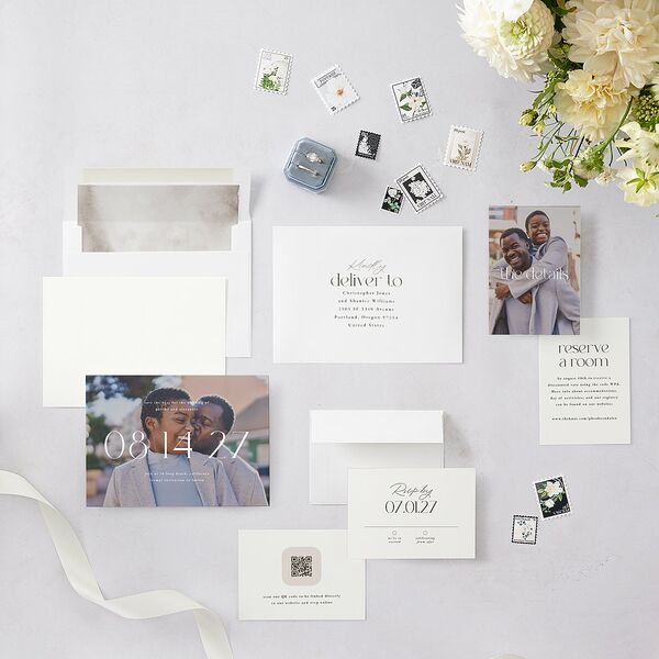 Striking Portrait Save the Date Cards Pure White Signature smooth Blank No Standard