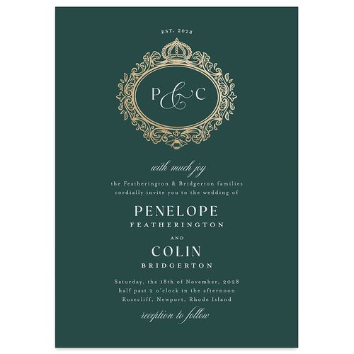 Glamorous Crown Monogram Crest Wedding Invitations by Bridgerton Gold Deep Lake Signature Blank No Standard