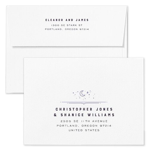 Iconic City Wedding Invitation Envelopes White Jewel Purple Both Recipient and Return Addresses Standard Signature