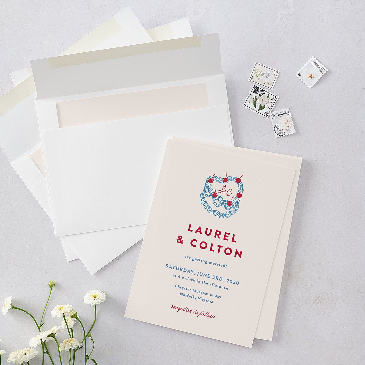 Retro Wedding Cake Wedding Invitations Crimson Signature Blank No Standard