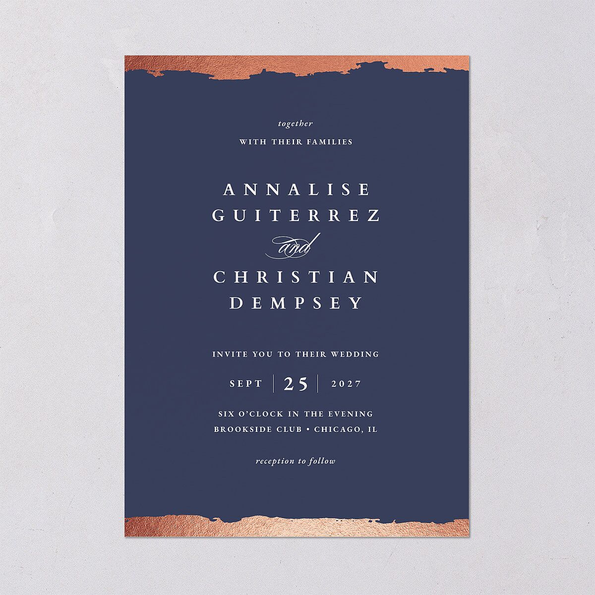 Elegant Edge Wedding Invitations Rose Gold Moody Blue Signature Blank No