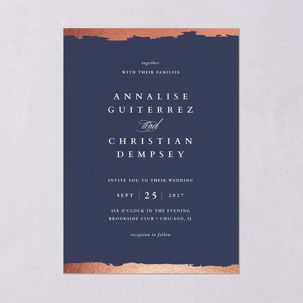 Elegant Edge Wedding Invitations Rose Gold Moody Blue Signature Blank No
