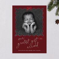 Our Greatest Gift Wavy Bow Frame Holiday Cards Jewel Red Signature Blank Standard Portrait