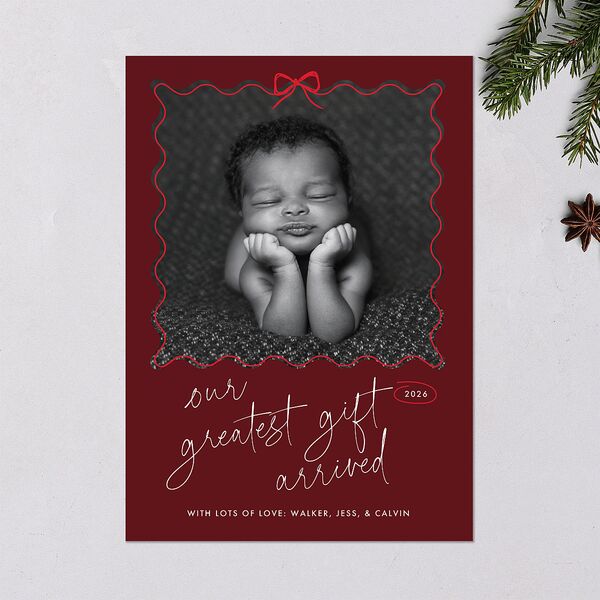 Our Greatest Gift Wavy Bow Frame Holiday Cards Jewel Red Signature Blank Standard Portrait