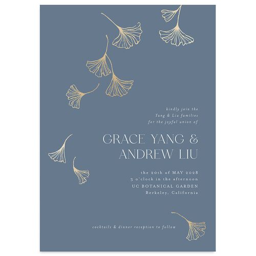 Ginkgo Leaves Wedding Invitations Gold Regency Blue Signature Blank No Standard