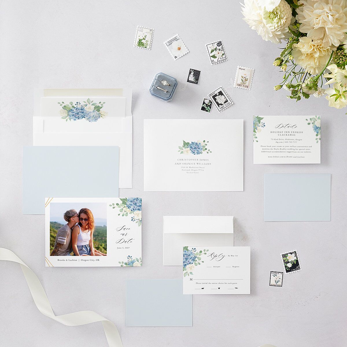 Elegant Hydrangea Save The Date Cards Dusty Blue Signature smooth Blank No Standard