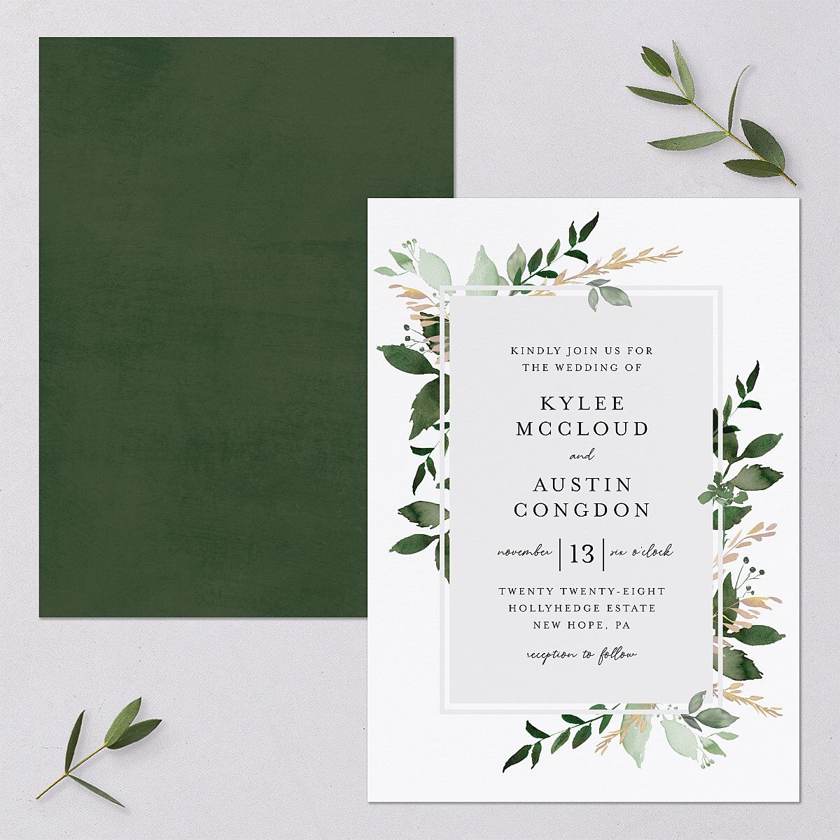 Leafy Frame Wedding Invitations Hunter Green Signature Blank No Standard