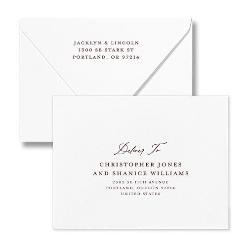 Elegant Vintage Images Save the Date Magnet Euro Envelopes White Burgundy Both Recipient and Return Addresses Luxe Signature