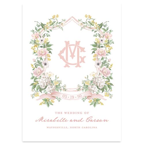 Maximalist Floral Crest Wedding Invitations Pink Cotton Signature Blank No Standard