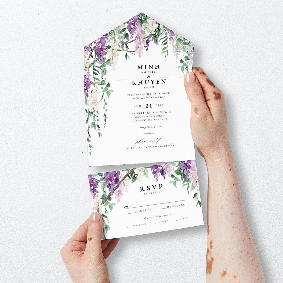 Romantic Wisteria All-in-One Wedding Invitations Purple Petal Signature Light Both Recipient and Return Addresses No