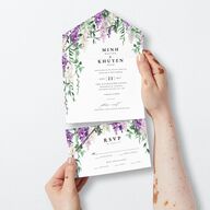 Romantic Wisteria All-in-One Wedding Invitations Purple Petal Signature Light Both Recipient and Return Addresses No