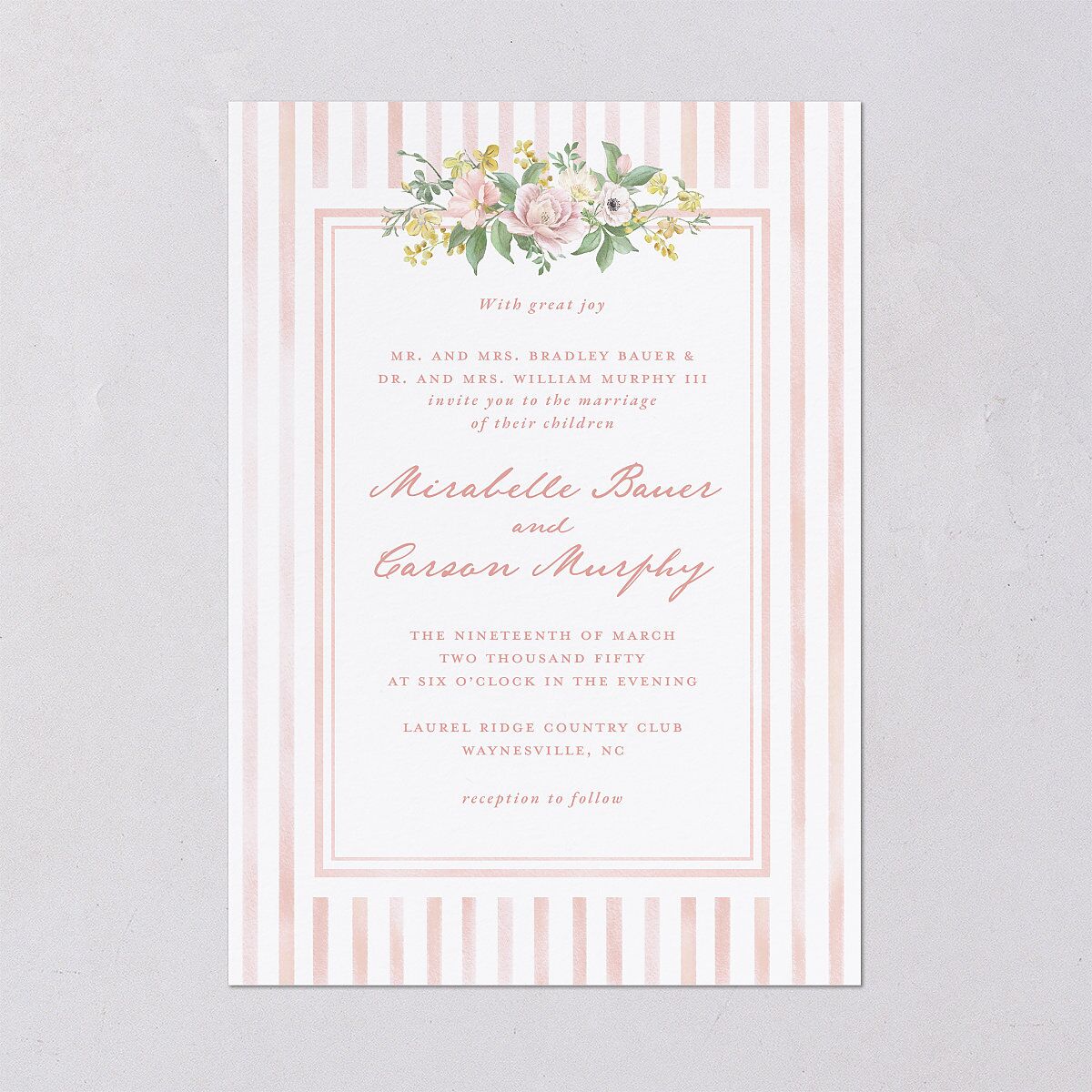 Maximalist Floral Crest Wedding Invitations Pink Cotton Signature Blank No Standard