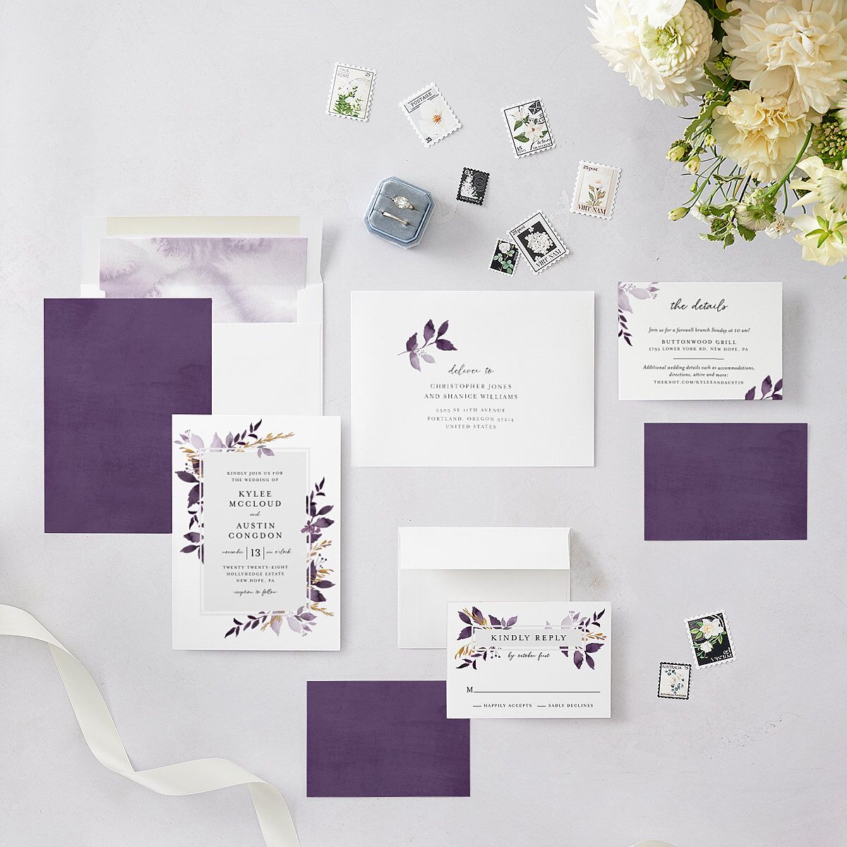 Leafy Frame Wedding Invitations Plum Signature Blank No Standard