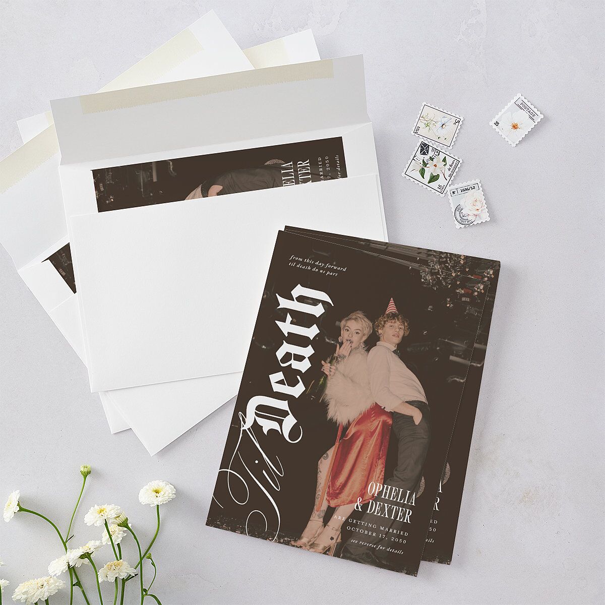 Til Death Gothic Photo Wedding Invitations Sand Signature Blank No Standard