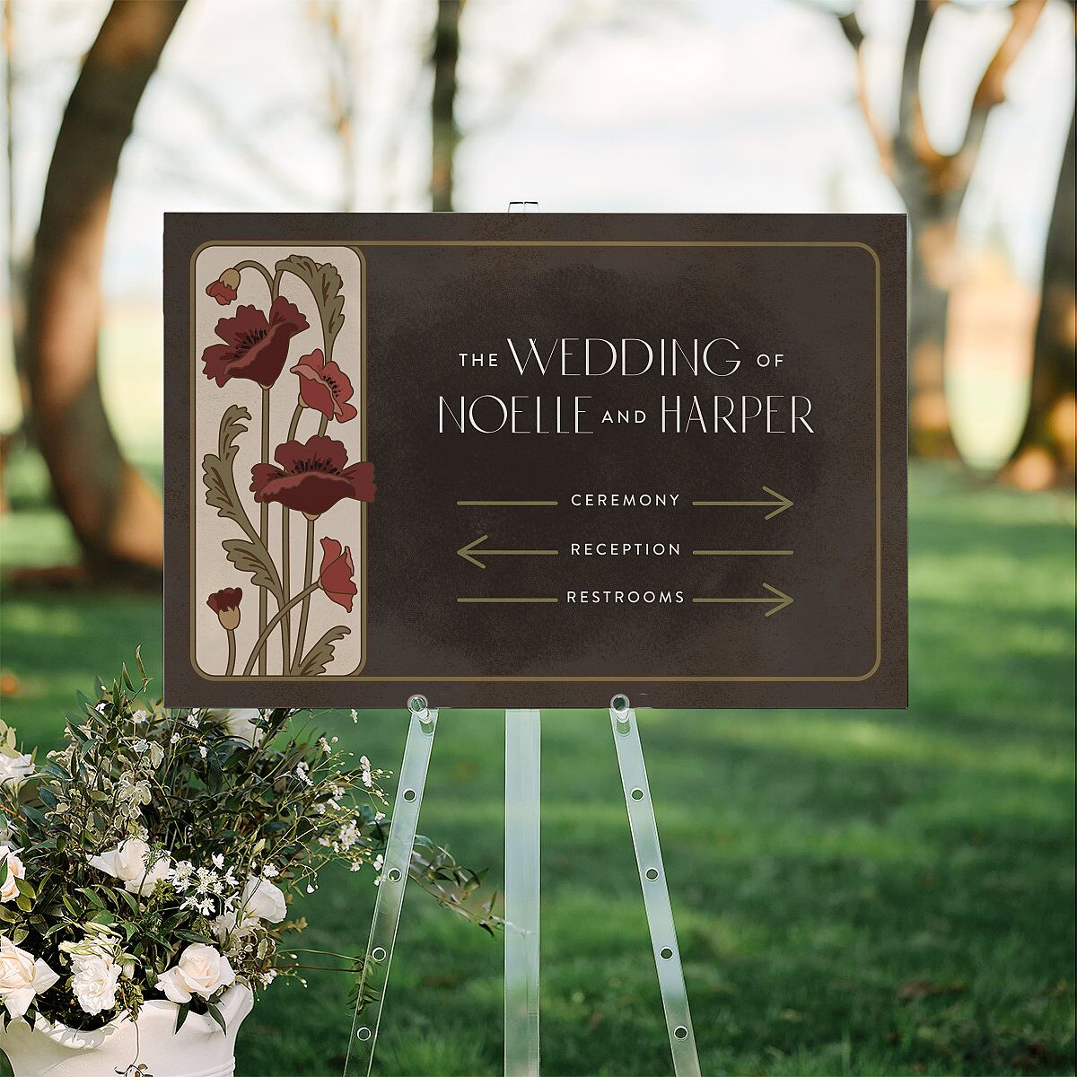 Vintage Nouveau Floral Standard Direction Sign Large Merlot Standard Indoor Foam Core L Direction