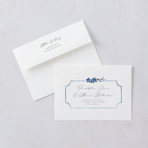 Delphinium Crest Save The Date Card Envelopes White Sea Blue Both Recipient and Return Addresses Signature Standard