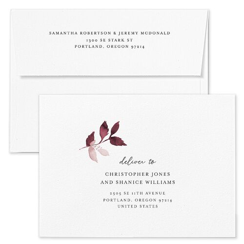 Leafy Frame Wedding Invitation Envelopes White Merlot Both Recipient and Return Addresses Standard Signature