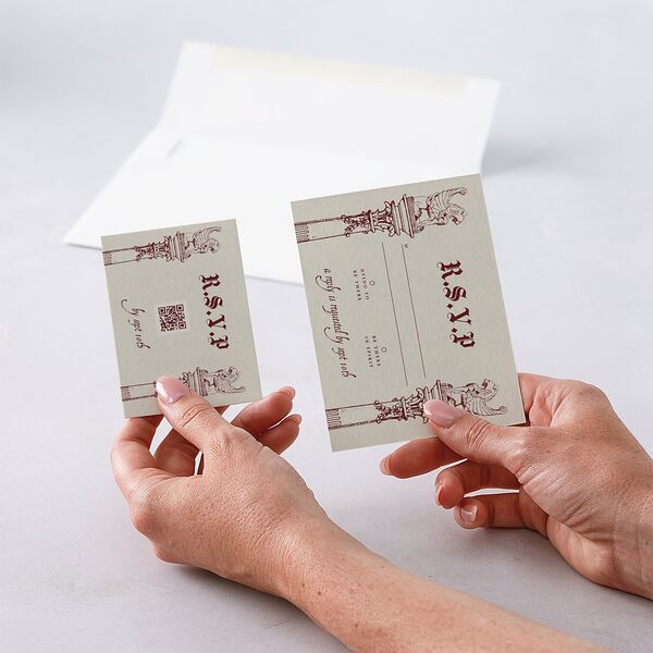 Gothic Medieval Arch QR Code RSVP Cards Burgundy Signature Standard