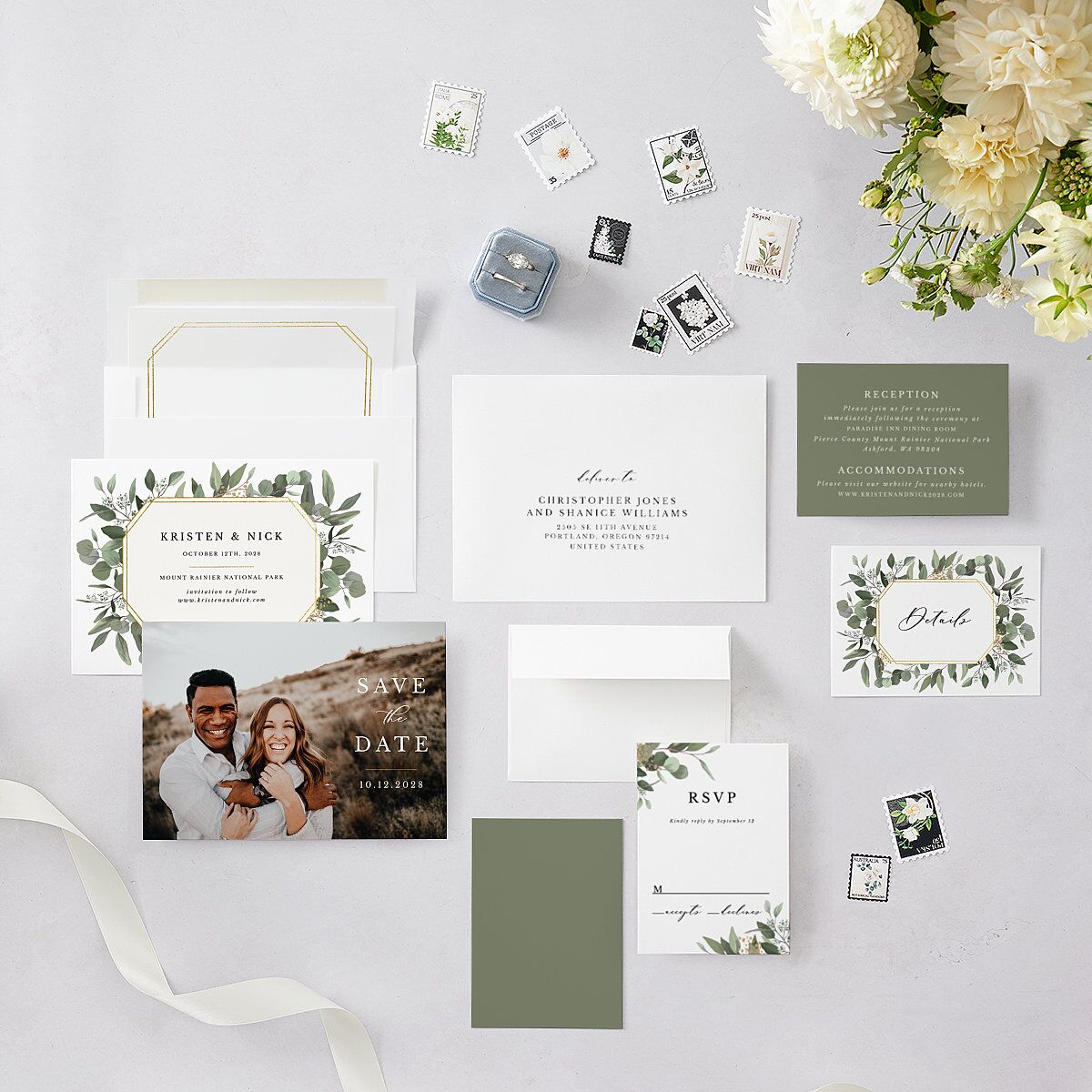 Eucalyptus Frame Save The Date Cards Pure White Signature smooth Blank No Standard