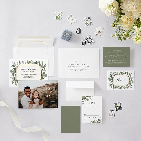 Eucalyptus Frame Save The Date Cards Pure White Signature smooth Blank No Standard