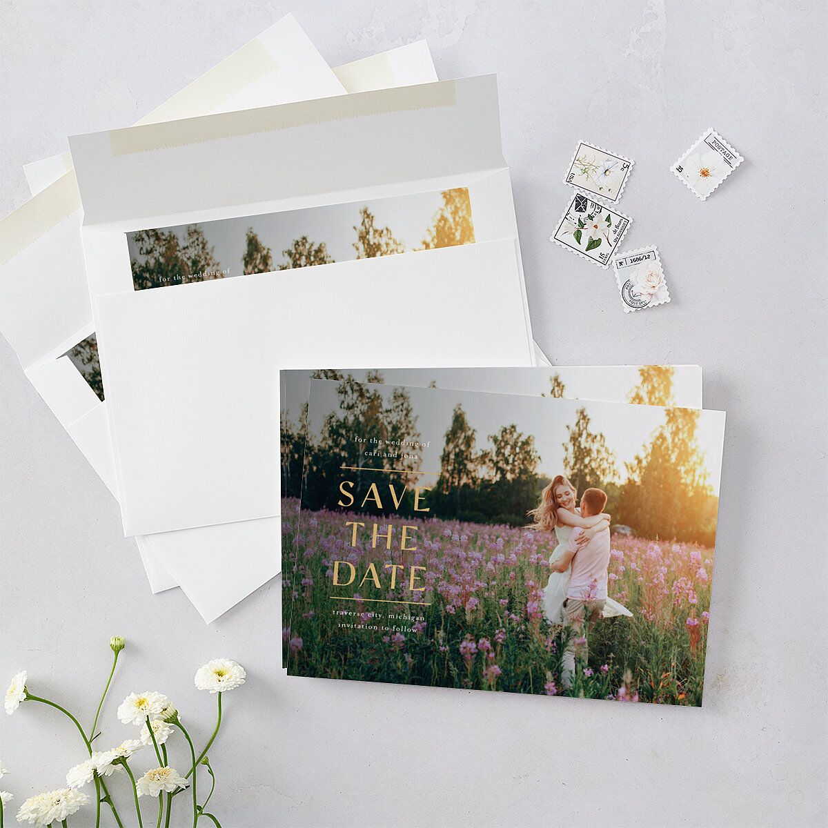 Scattered Blossoms Save The Date Cards Gold Pastel Blue Signature smooth Blank No Standard