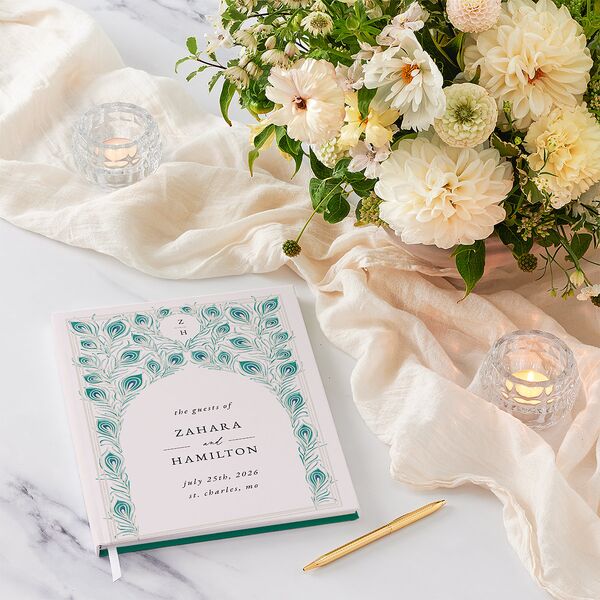 Peacock Nouveau Wedding Guest Book Linen