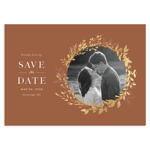 Shining Wreath Foil Save the Date Cards Terracotta Gold Signature smooth Blank No Standard