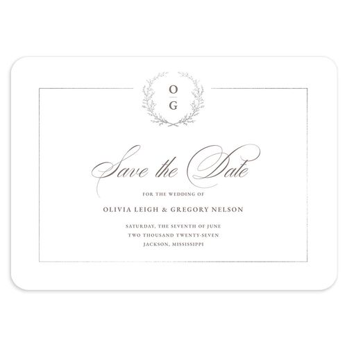 Gilded Wreath Save the Date Cards Silver Steel Gray Signature smooth Blank No Rounded
