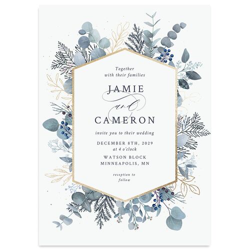 Elegant Eucalyptus Christmas Foil Wedding Invitations Gold Dusty Blue Signature Blank No Standard