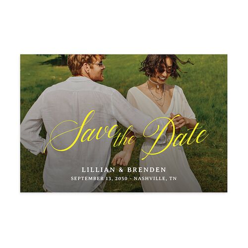 Technicolor Calligraphy Photo Save the Date Postcards Pure White