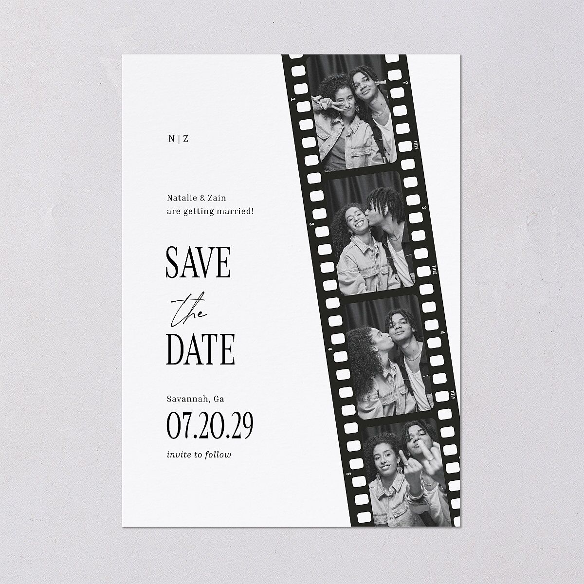 Vintage Film Reel Photo Strip Save the Date Cards Pure White Signature smooth Blank No Standard