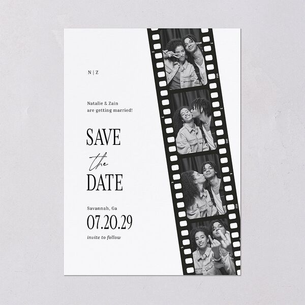 Vintage Film Reel Photo Strip Save the Date Cards Pure White Signature smooth Blank No Standard