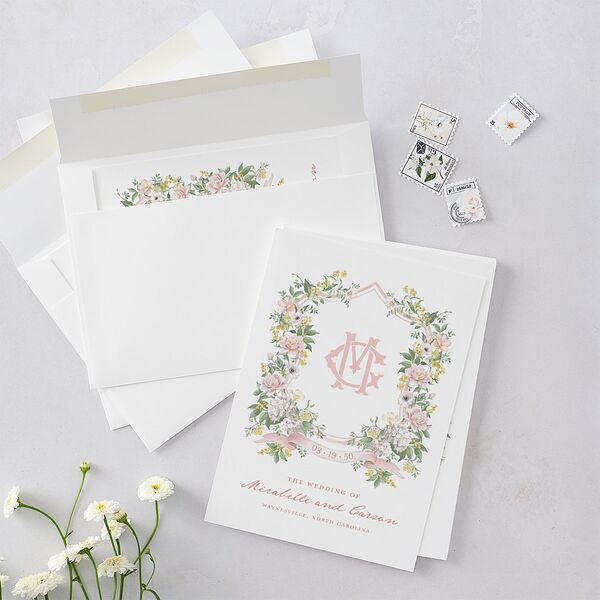 Maximalist Floral Crest Wedding Invitations Pink Cotton Signature Blank No Standard
