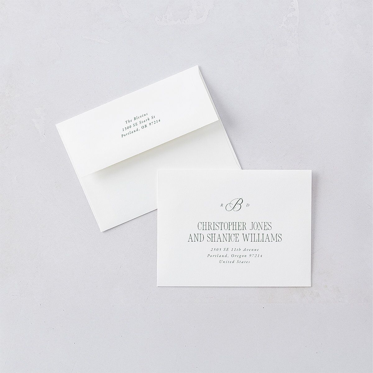 Classic Monogram First Christmas Thank You Card Envelopes White Dark Emerald Both Recipient and Return Addresses Signature Standard