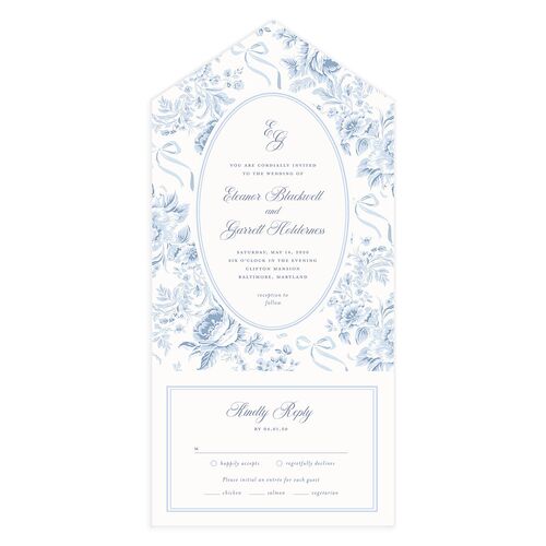 Vintage French Floral Toile All-in-One Wedding Invitations Dusty Blue Signature Light Both Recipient and Return Addresses No