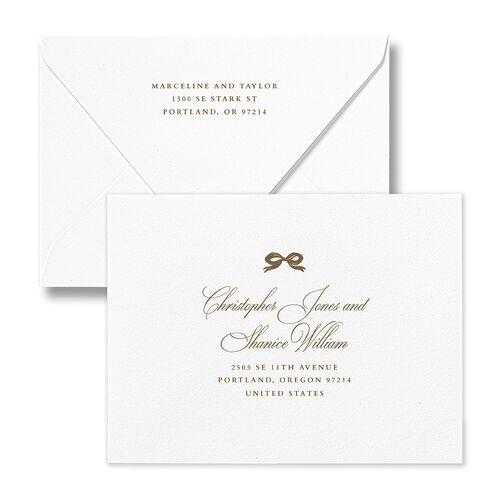 Classic Champagne with Bows Save the Date Magnet Euro Envelopes White Gold Both Recipient and Return Addresses Luxe Signature