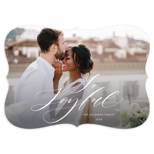 Joyful Script Holiday Cards Navy Signature Blank Bracket Landscape