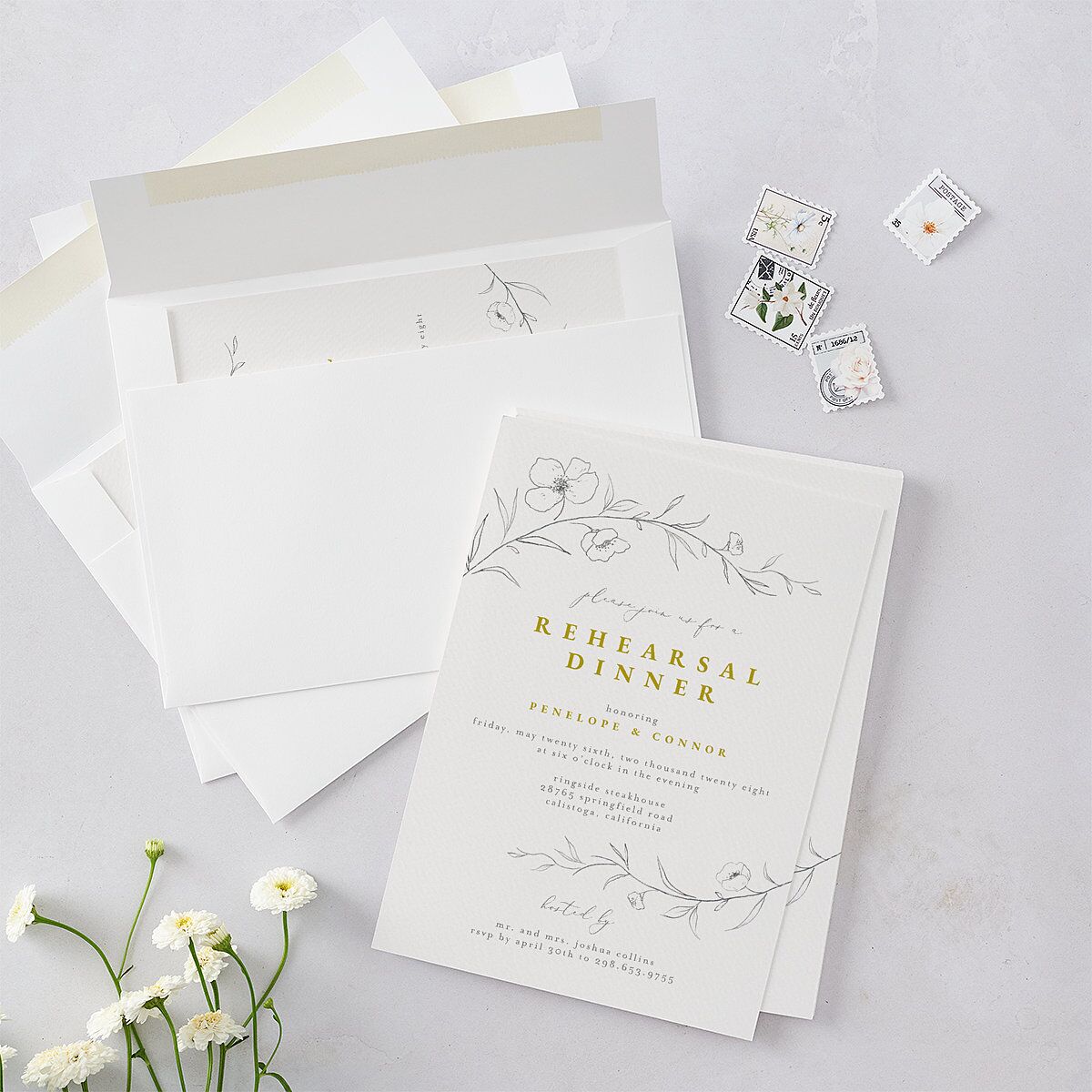 Graceful Botanical Rehearsal Dinner Invitations Gold Signature Blank Standard