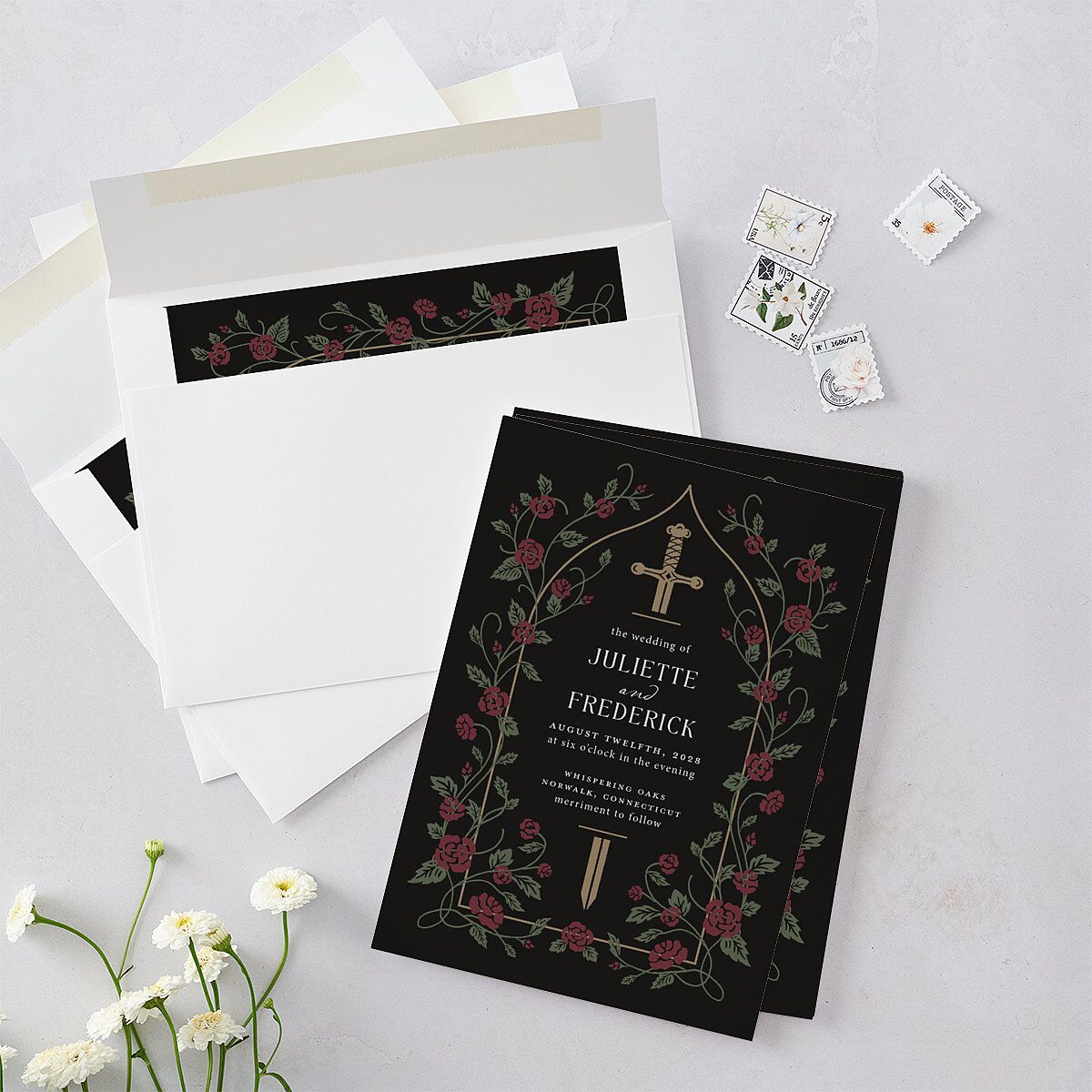 Sword and Roses Fantasy Garden Wedding Invitations Charcoal Signature Blank No Standard