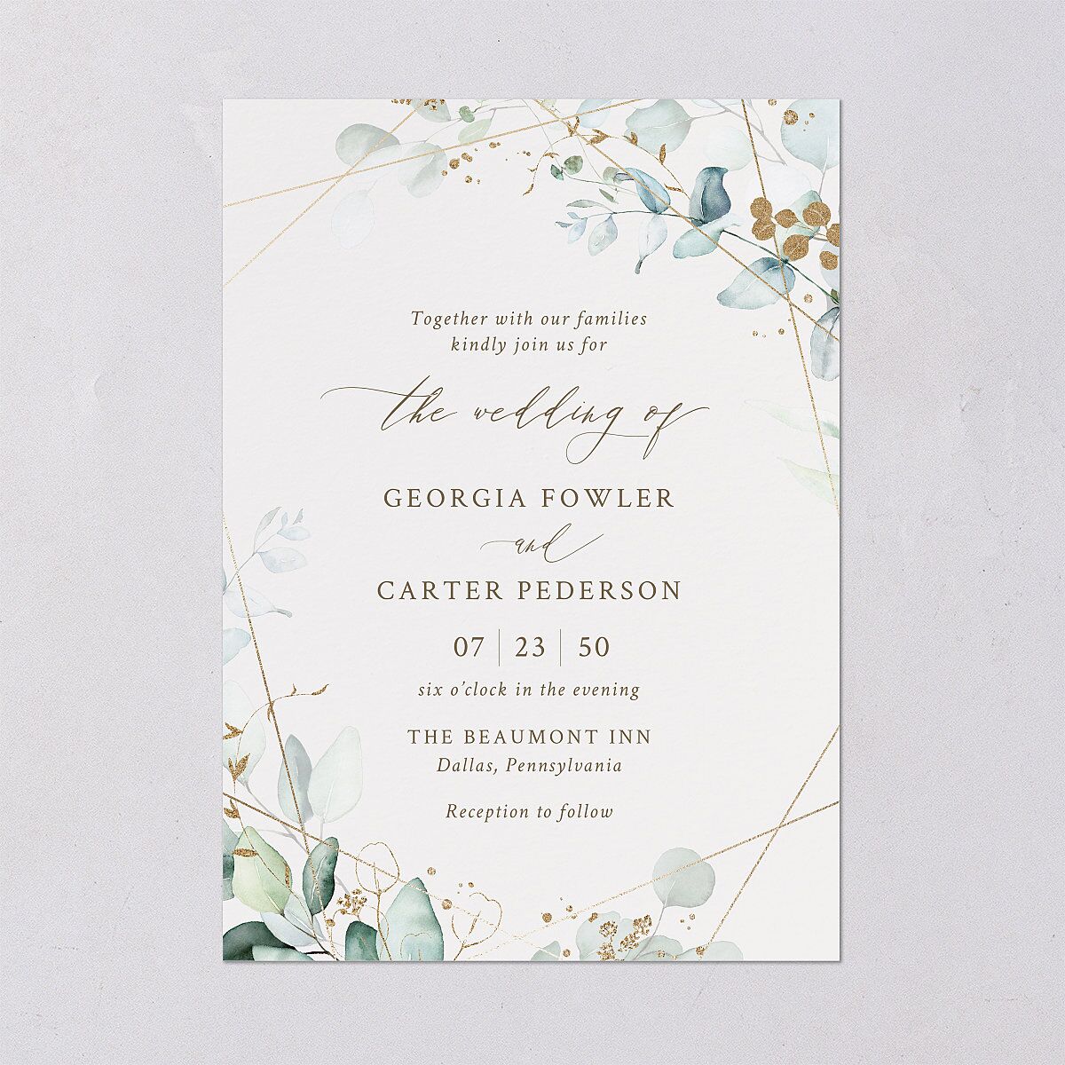 Ethereal Greenery and Gold Wedding Invitations Pure White Signature Blank No Standard