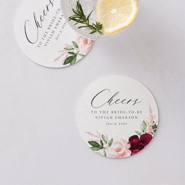 Beloved Floral Bridal Shower Wedding Day Coasters Dark Berry Cardboard Circle