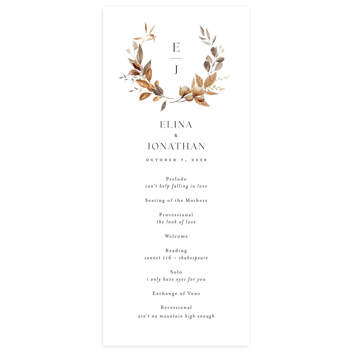 Leafy Rustic Monogram Wedding Programs