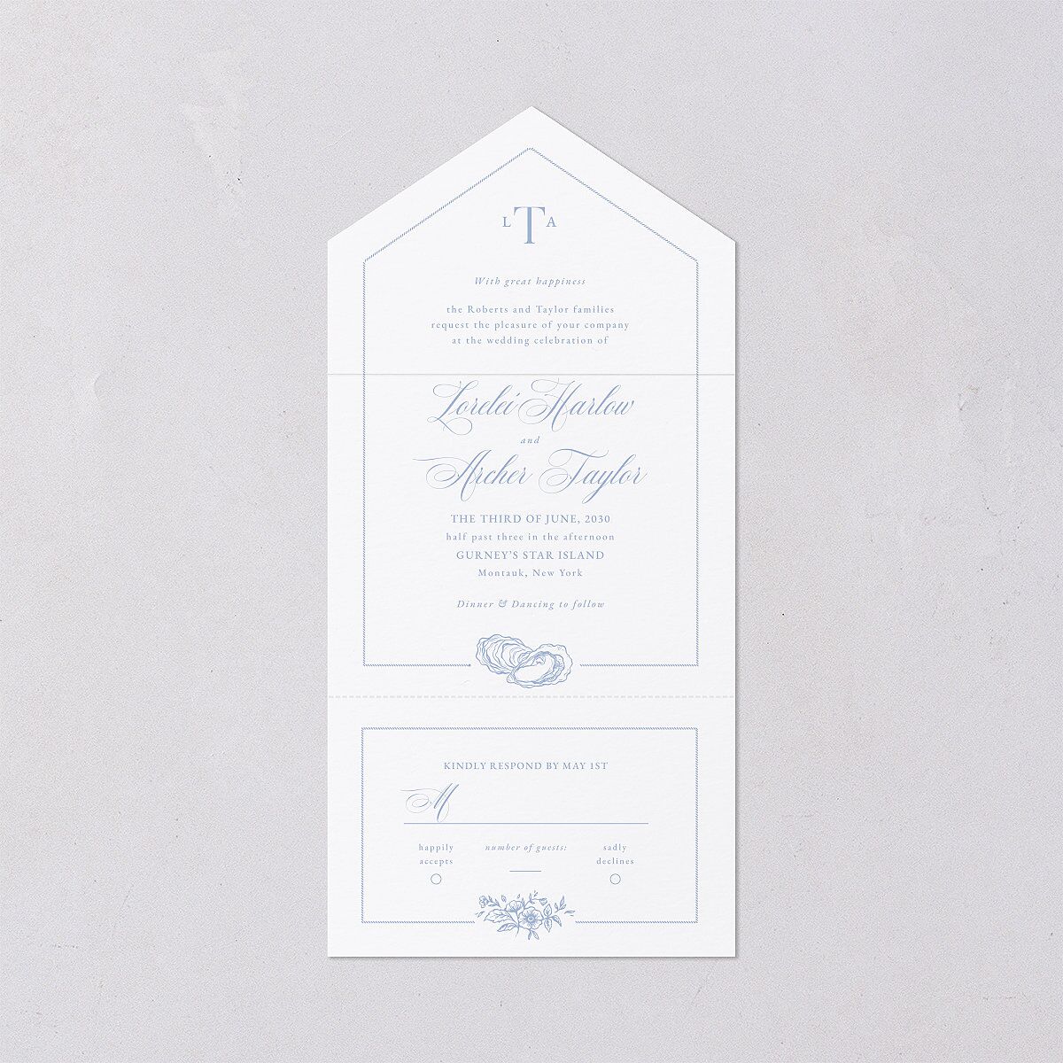 Coastal Oysters and Anchors All-in-One Wedding Invitations Sea Blue Signature Light Both Recipient and Return Addresses No